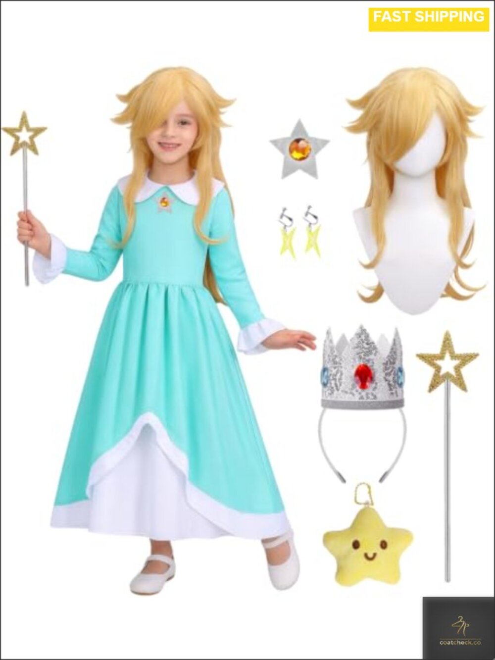 Girls Princess Costume Dress with Wig Wand Crown Accessory Set Pretend Play